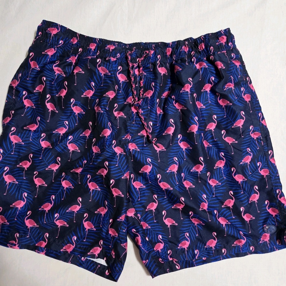 Caribbean Joe Swim Shorts XL Palms And Flamingos Drawstring Mesh Lined EUC